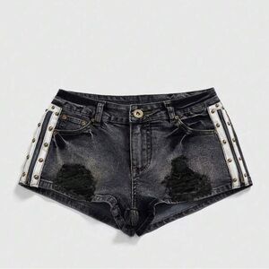 SHEIN Black Distressed Jean Shorts with Studded Stripes